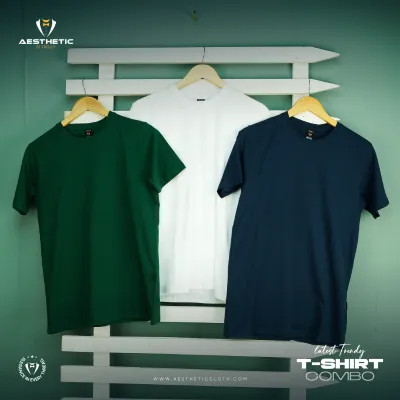 Premium Solid Cotton T-shirt(White+Green+Nevy)